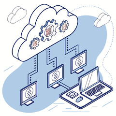 Cloud computing network with gears and connected devices isometric illustration