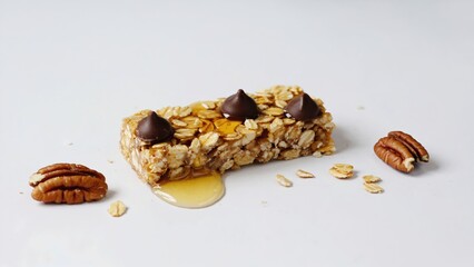 Close-up of a cereal bar containing almonds, peanuts and small balls. The texture and shape of the candy bar stand out perfectly against a white background.