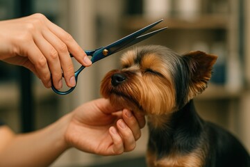 The Yorkshire Terrier grooming process, The groomer gently holds the dog by the chin, preparing to trim its fur with scissors. A dog with its eyes closed