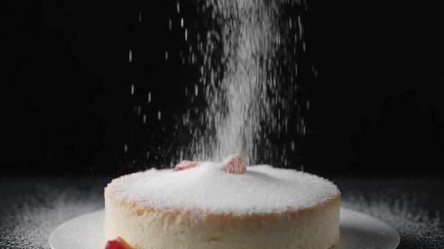 A delicate and enchanting close-up, slow-motion video of confectioners' sugar (powdered sugar) being gently sifted or sprinkled over a beautifully plated cake