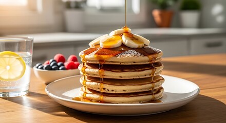 Delicious stack of golden-brown pancakes drizzled with syrup and topped with banana slices and blueberries