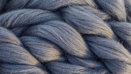 A close-up of a braided cord made of thick gray wool shows the textured fibers and density, creating a feeling of strength and naturalness.
