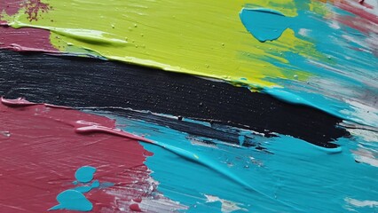 Vivid abstract oil painting combines pink, yellow-green, black and turquoise colors with a wide textured texture, adding dynamism and creativity to any space.