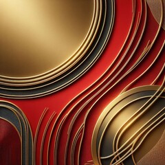 The abstract red-and-gold pattern includes textured gold circles with dark stripes. The composition creates an impression of luxury and elegance.