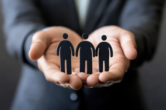 Hands of support: A symbol of teamwork and unity as hands tenderly cradle cut-out silhouettes representing a team of individuals.