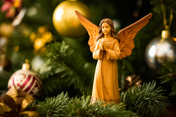 A wooden statue of an angel standing on the ornamented Christmas tree.