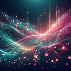 Abstract composition with undulating lines from pink to green creates a sense of depth and movement. Glowing dots add a sideways effect.