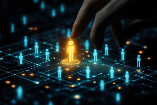 The Chosen One: A symbolic image, a human finger pointing at a glowing figure amid a network of connected individuals, representing the concept of selection and recognition. 