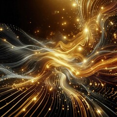 Abstract golden landscape with smooth lines and shiny balls of light creates a sense of depth and movement.
