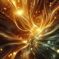 Abstract golden landscape with smooth lines and shiny balls of light creates a sense of depth and movement.