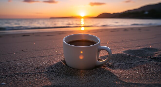 Coffee mug on beach at sunset, with ocean backdrop and sun reflecting on waves
