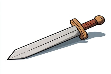 Stylized illustration of a medieval sword with a wooden hilt and metal blade against a white background