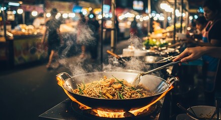 Street Food Vendor Cooking Noodles in a Wok at a Busy Night Market