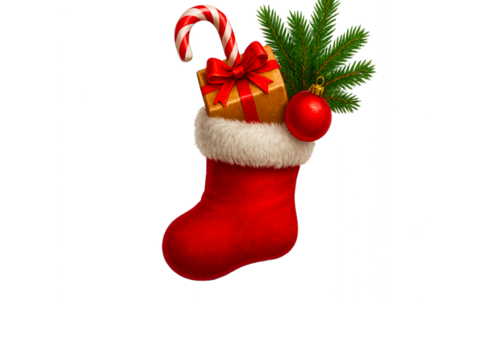Christmas Stocking with Decorations Inside on Transparent Background Festive Holiday Gift Sock - Powered by Adobe