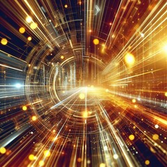 Abstract high-tech visualization with a bright glowing tunnel surrounded by golden and orange hues. Dynamic balls add energy and symbolize digital movement.