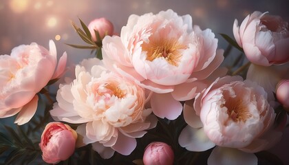 Pastel Peonies In Soft Light Delicate Blooms Against A Muted Backdrop