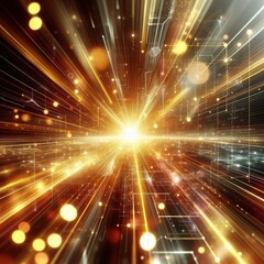 Abstract high-tech visualization with a bright glowing tunnel surrounded by golden and orange hues. Dynamic balls add energy and symbolize digital movement.