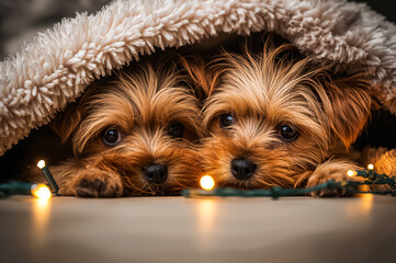 Australian silky terrier dogs snuggle under a soft cosy blanket with Christmas tree light.