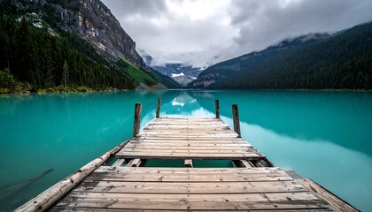 Turquoise lake view from a weathered wooden pier, surrounded by lush green mountains under a cloudy sky