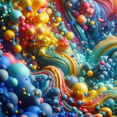 Bright abstract background with wavy pattern and smooth glossy balls, iridescent rainbow colors, creates a feeling of dynamism and joy, filling the space with energy.