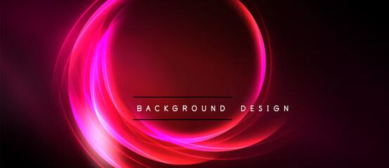 Abstract red neon light curves form circular shape. Dark background enhances glowing effect. Text reads background design.