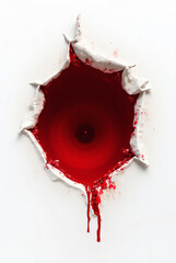 a vivid red bloodstain spreads through torn white fabric