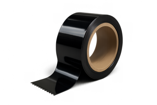 Black adhesive tape roll on transparent background, strong fixing and repair material for household and professional use