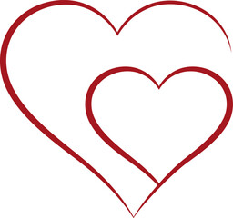 Double of red vector hearts retro styled and stroked by hands with brush for logo, romantic love design, wedding or Valentine's day card