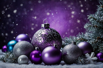 Christmas ornaments and tree branch on the snow in purple light tone.