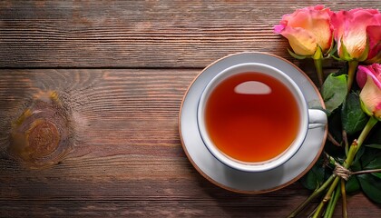 A Cup Of Tea Beside A Bouquet Of Roses On A Rustic Wooden Table Creating A Serene And Inviting Atmosphere
