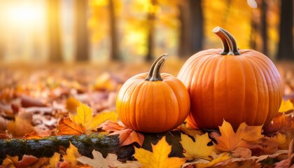 Vibrant Orange Pumpkin On Fallen Leaves In A Colorful Autumn Forest