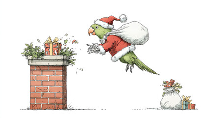 Cute Whimsical Christmas Parrot Bird Dressed as Santa Claus Flying With Sack Delivering Gifts Watercolor Illustration