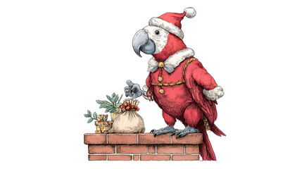 Cute Whimsical Christmas Parrot Bird Dressed as Santa Claus Delivering Gifts on Chimney Watercolor Hand Drawn Illustration