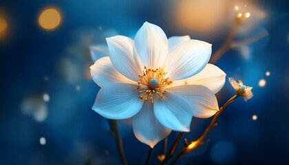 Close Up Of A White Flower Against A Blue Background Adorned With Golden Highlights And Soft Boke Of Diffused Light
