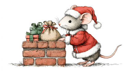 Cute Whimsical Christmas Mouse Dressed as Santa Claus With Gifts and Sack on Chimney Watercolor Hand Drawn Illustration