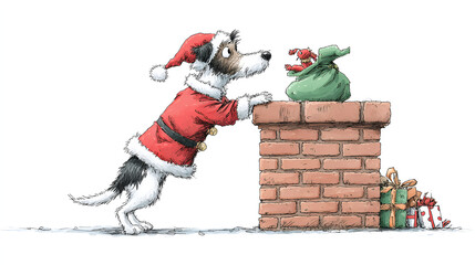 Cute Whimsical Christmas Dog as Santa Claus Looking at Toy in Gift Bag Watercolor Hand Drawn Illustration