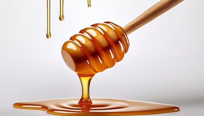 Honey Drizzling From A Wooden Dipper Against A White Background