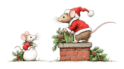 Cute Whimsical Christmas Mice Dressed as Santa Claus Delivering Gifts on Chimney Watercolor Hand Drawn Illustration