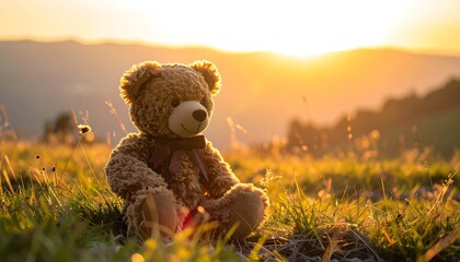 Teddy bear sitting in sunlit tall grass, blurred mountains and a radiant sun in the background