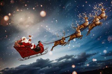 Joyful Christmas scene of Santas sleigh and reindeers flying through the dark sky with glowing stars.j