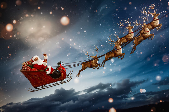 Joyful Christmas scene of Santas sleigh and reindeers flying through the dark sky with glowing stars.j - Powered by Adobe