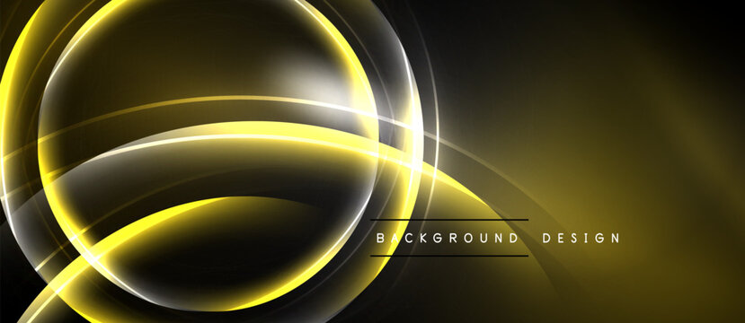Abstract golden lines create dynamic curves. Dark background emphasizes bright neon glow, modern design element.