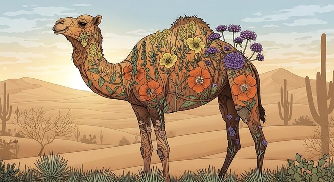 Floral Oasis Camel Desert Bloom Art