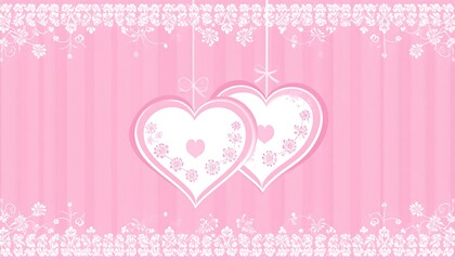 Two white-bordered hearts on string against a striped pink background, bordered with white lace-like decoration