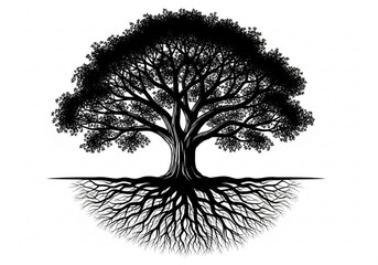 Silhouette of a large tree with extensive roots