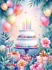 A colorful, two-tiered watercolor birthday cake with lit candles is surrounded by pastel balloons, flowers, and ribbon-tied gift boxes