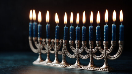 Traditional Hanukkah menorah with burning candles at night 