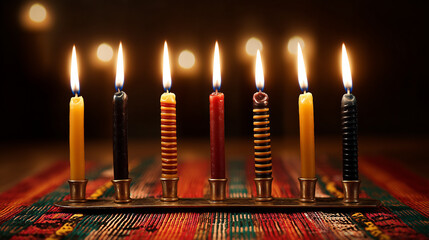 Traditional Kwanzaa kinara with seven candles glowing bright
