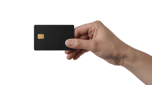 Hand holding black credit card isolated on transparent background