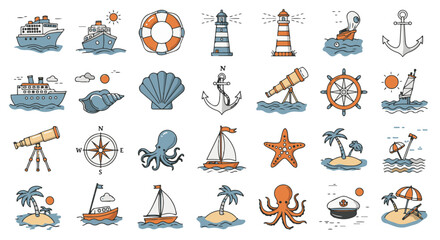 nautical elements vector sea adventure icons featuring boats lighthouses and islands perfect for maritime themes posters and ocean travel designs